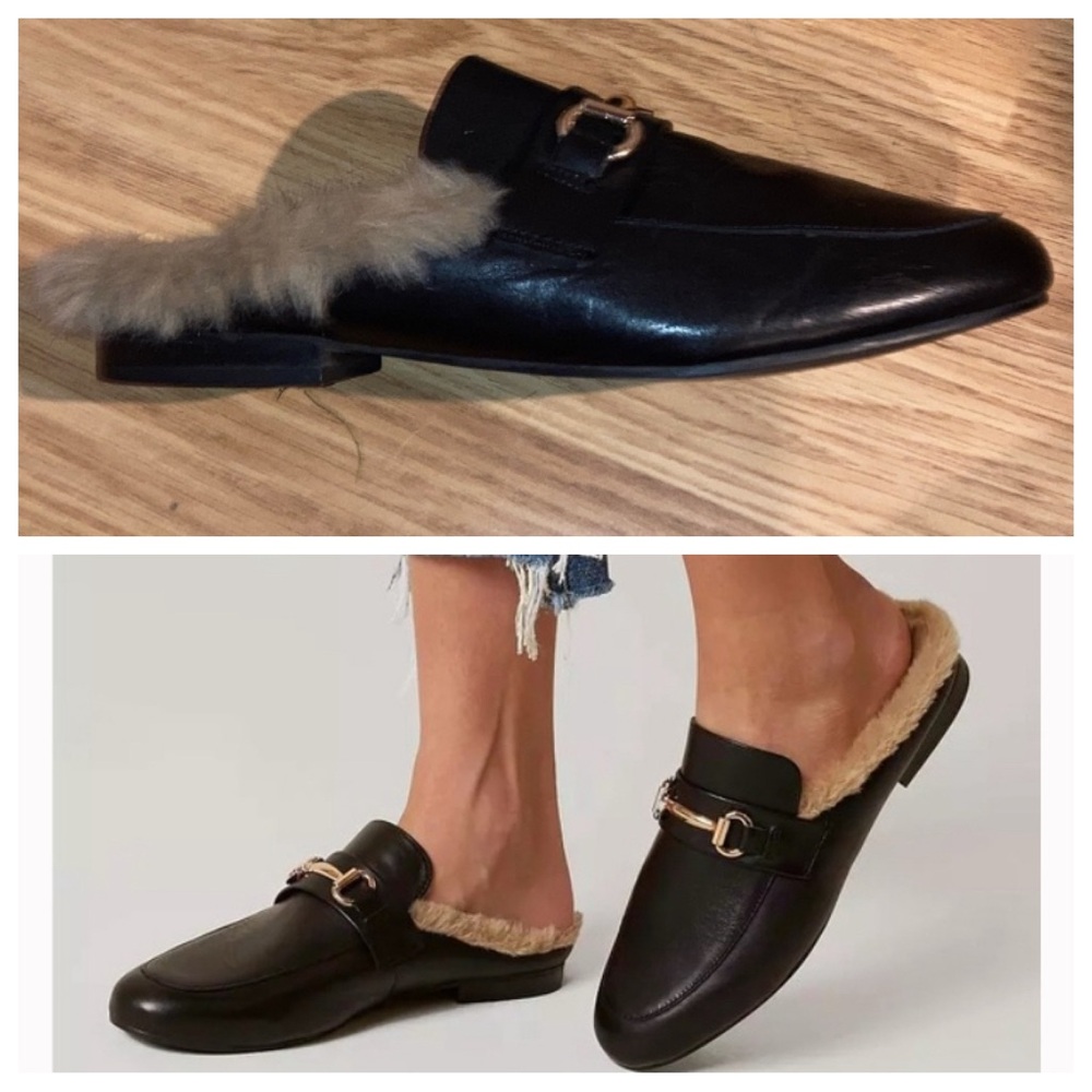 Steve Madden Jill Leather Faux Fur Lined Mule feat Gold Horsebit Black sz 8 M